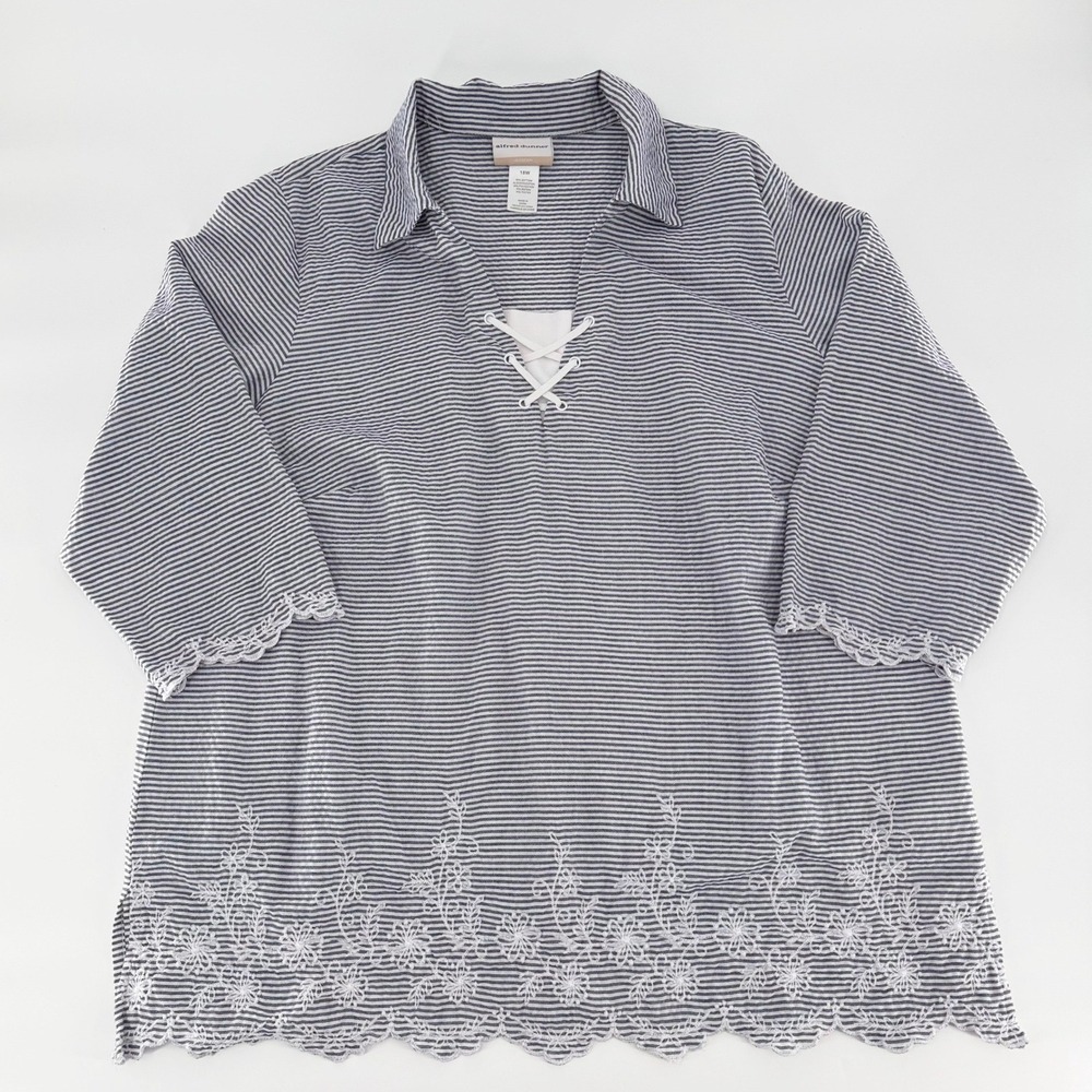 ALFRED DUNNER Blue Striped Floral Embroidered Scallop Hem Lace Up Top Plus 18W